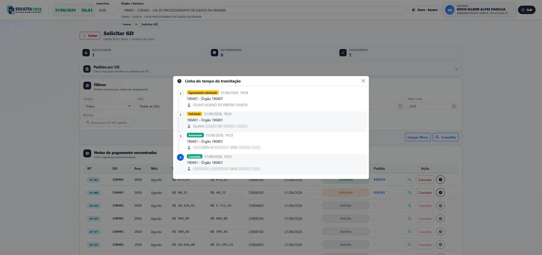 Modal com a linha do tempo da tramitação de uma nota de pagamento