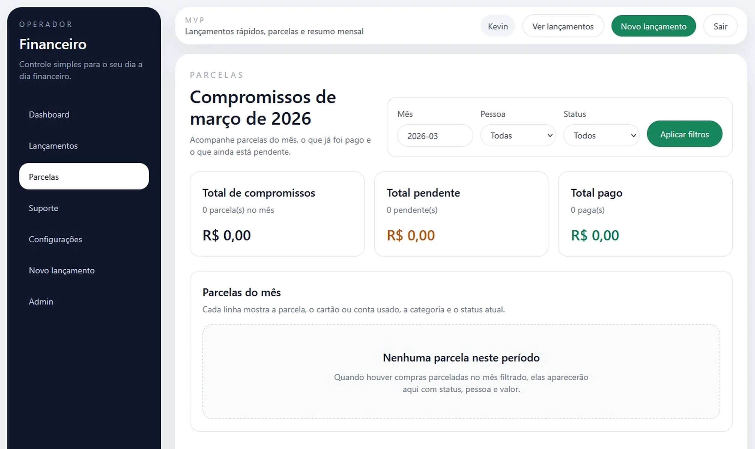 Tela de cartões de crédito com faturas e limites