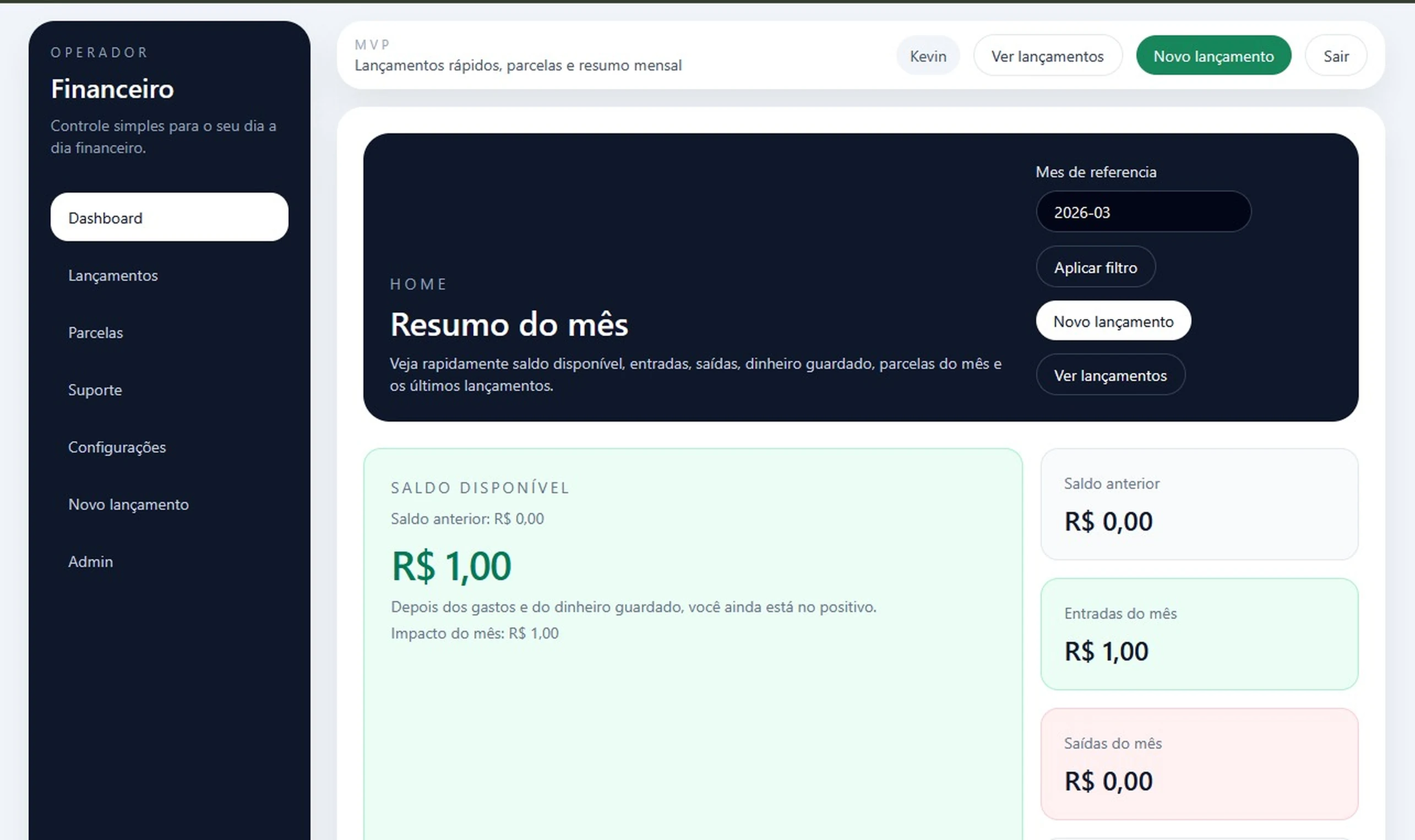 Dashboard principal do Operador Financeiro com indicadores de saldo, entradas, saídas e próxima fatura