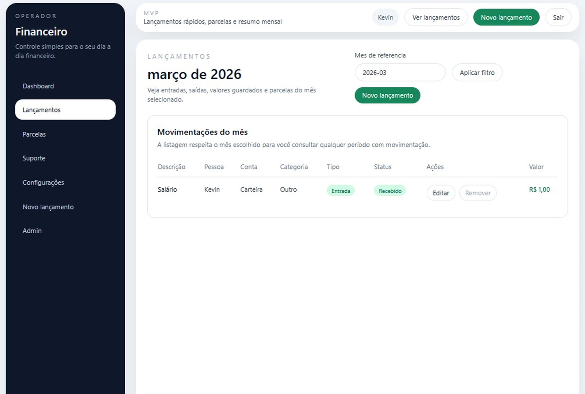 Lista de lançamentos financeiros com entradas e saídas